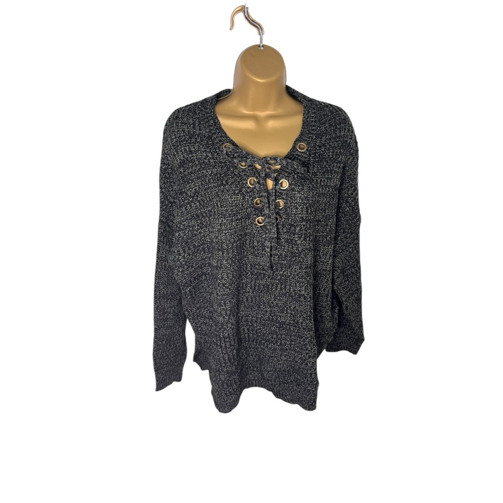 No Comment Lace-Up V-Neck Sweater XL Gray Black Marled Oversized Grunge Y2K XL